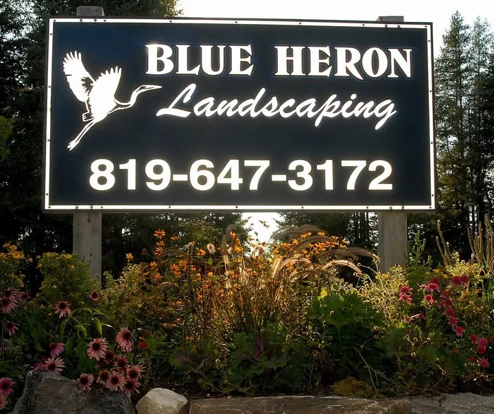 The Blue Heron Landscaping sign above a flowering bed in Shawville